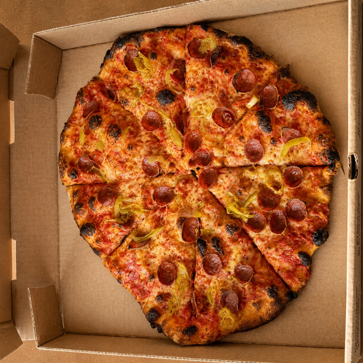 Tony’s cup-and-char pepperoni and banana pepper pizza in its box